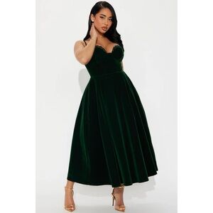 Fashion Nova Hunter Green Velvet Corset Bustier Fit & Flare Midi Dress Women XL